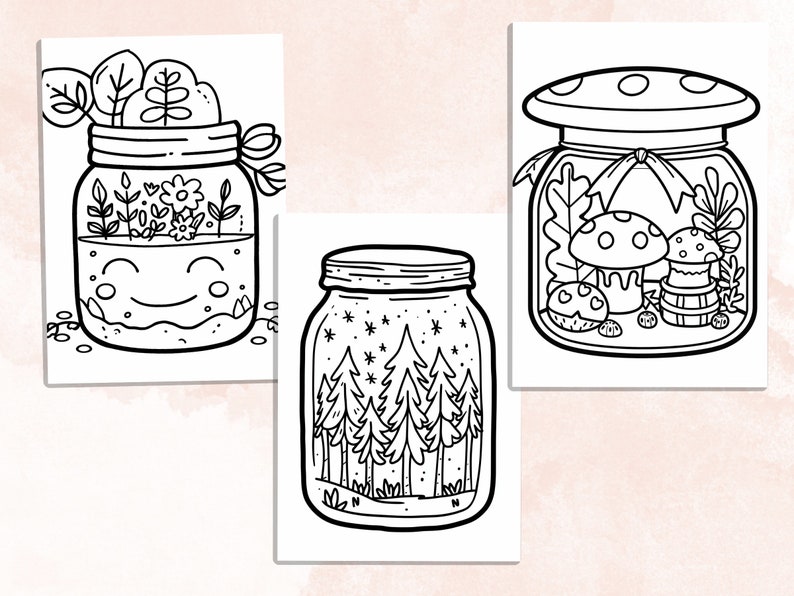 Bold and Easy Coloring Book, Cute Kawaii Forest Jar Coloring Pages, Enchanted Forest Scenes Coloring, Relaxing Activity for Adults and Kids