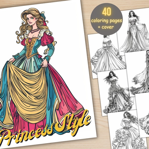 40 Princess Style Coloring Book, Printable PDF, Fairytale Fashion Women Coloring Pages, Grayscale Girl Coloring Book for Adults and Kids