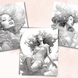 May include: Three black and white illustrations of women with long flowing hair, each with a different pose and expression. The women are surrounded by clouds and other celestial elements.