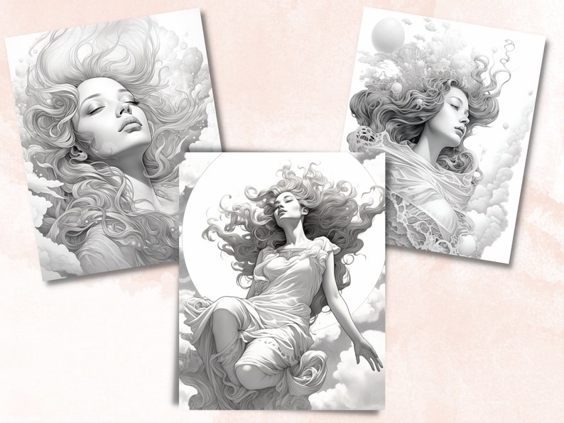 May include: Three black and white illustrations of women with long flowing hair, each with a different pose and expression. The women are surrounded by clouds and other celestial elements.