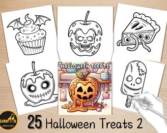 May include: A collection of Halloween-themed illustrations, including a cupcake with bat wings, a skull-shaped apple, a pie with worms, and a popsicle with a stitched face. The text "25 Halloween Treats 2" is also visible.