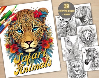 39 Floral Safari Animals Coloring Book, Printable African Animal Coloring Pages, Grayscale Coloring Book for Adult Kids, Cute Jungle Animals