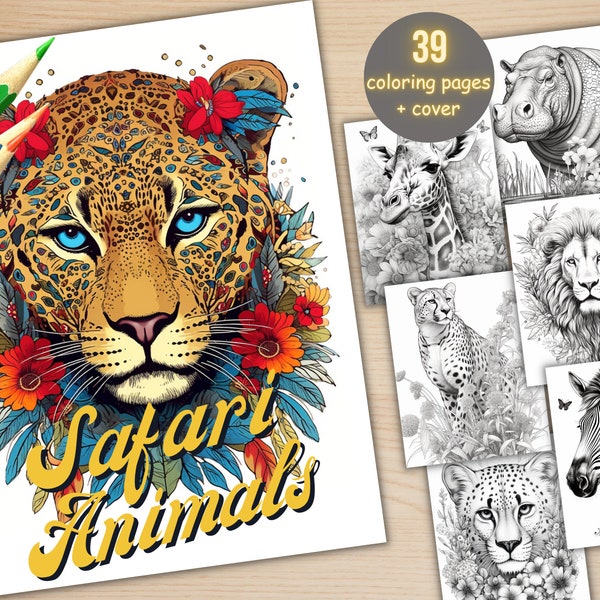 39 Floral Safari Animals Coloring Book, Printable African Animal Coloring Pages, Grayscale Coloring Book for Adult Kids, Cute Jungle Animals