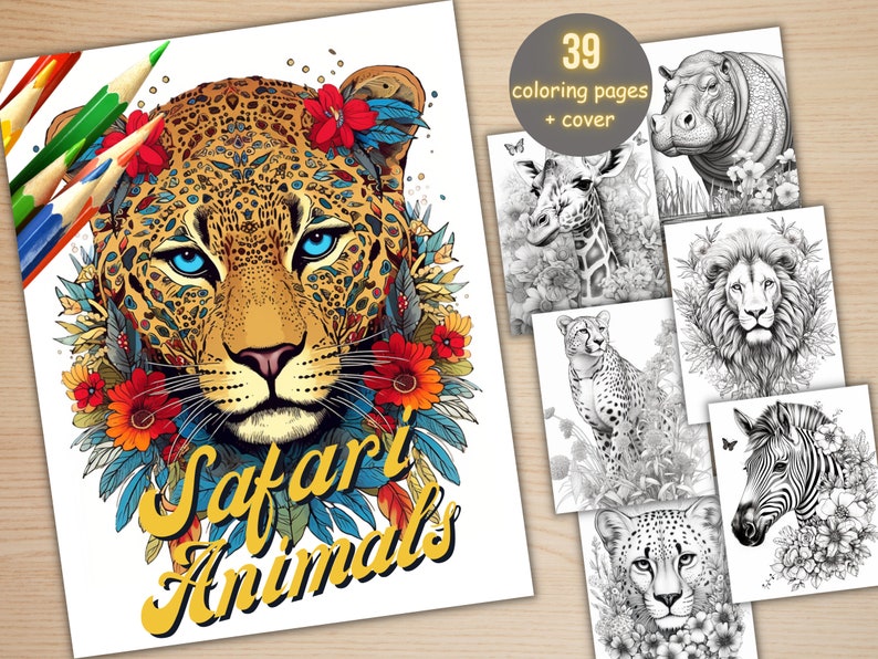 May include: A coloring book cover featuring a detailed illustration of a leopard's face with flowers and the text "Safari Animals". The cover is white with a yellow and blue color scheme. The book includes 39 coloring pages and a cover.