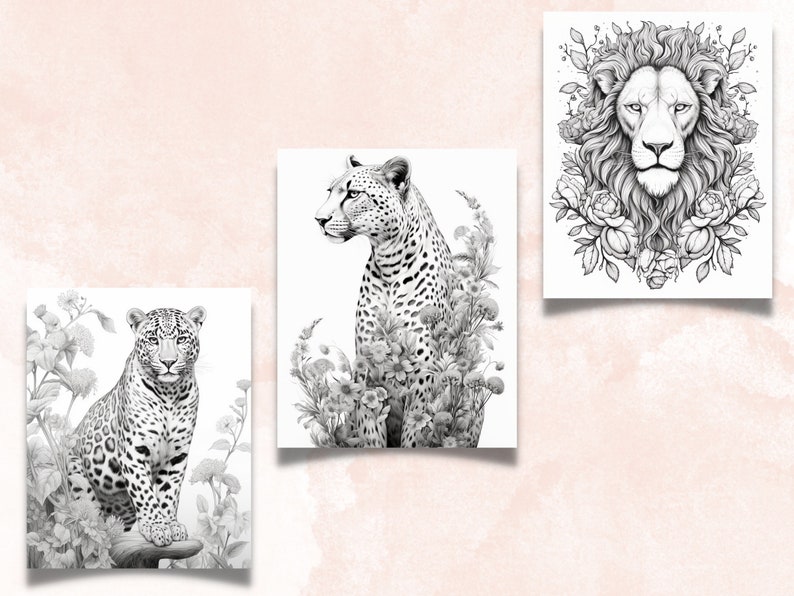 May include: Three black and white illustrations of animals surrounded by flowers. The first image shows a leopard sitting on a branch. The second image shows a leopard standing in a field of flowers. The third image shows a lion's head with a mane surrounded by flowers.