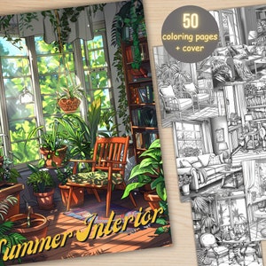以下が含まれることがあります： 50ページの塗り絵で、表紙には大きな窓、快適なアームチェア、たくさんの植物のある日当たりの良い部屋が描かれています。表紙には「Summer Interior」という文字が黄色いスタイリッシュなフォントで書かれています。