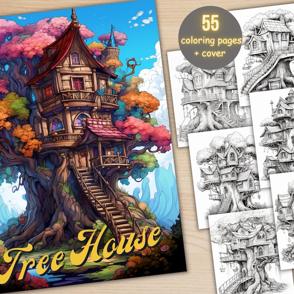 55 Livre de coloriage de cabane dans les arbres, pages de coloriage imprimables de maison de fée fantastique, livre de coloriage en niveaux de gris pour adultes et enfants, version PDF sombre et claire