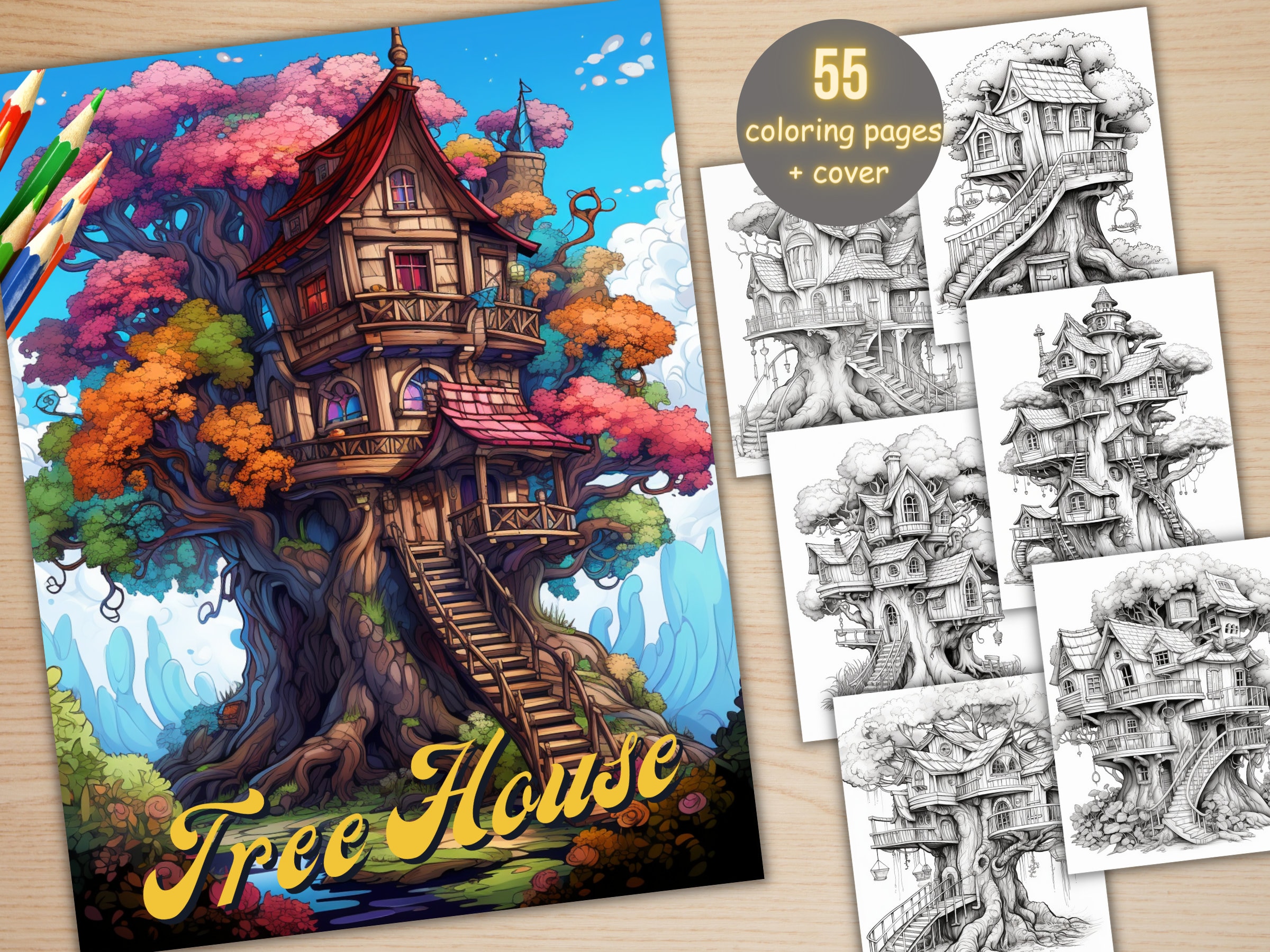 55 Tree House Coloring Book, Printable Fantasy Fairy House Coloring ...