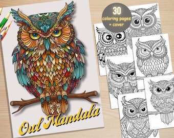 30 Owl Mandala Coloring Book, Printable Stress Relief Patterns Coloring Pages, Mandala Animals Coloring Book for Adult, Owl Coloring Pages