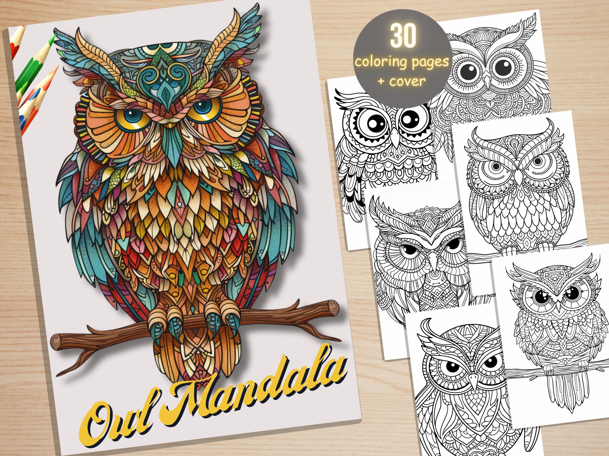 30 Owl Mandala Coloring Book, Printable Stress Relief Patterns Coloring Pages, Mandala Animals Color
