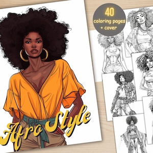 40 Afro Style Coloring Book, Printable PDF, Beautiful Black Women Coloring Pages, Grayscale Black Girls Coloring Book for Adults and Kids