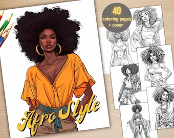 40 livre de coloriage de style afro, PDF imprimable, belles pages à colorier de femmes noires, livre de coloriage de filles noires en niveaux de gris pour adultes et enfants