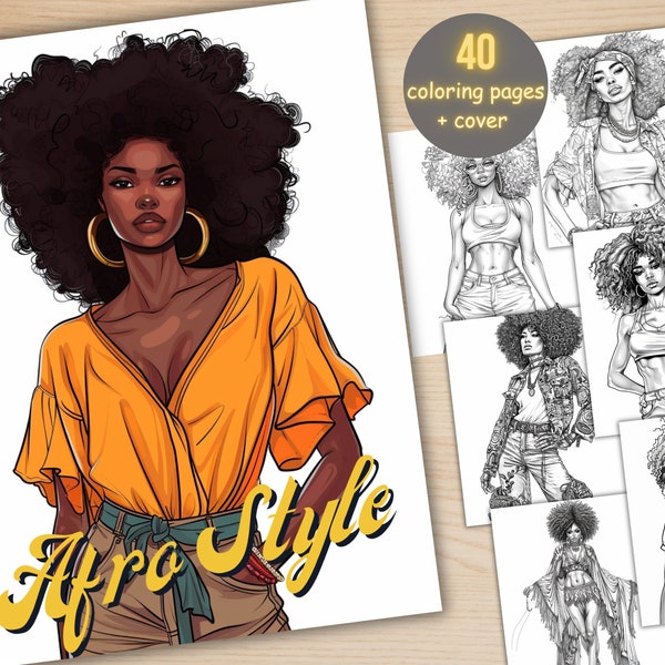 40 livre de coloriage de style afro, PDF imprimable, belles pages à colorier de femmes noires, livre de coloriage de filles noires en niveaux de gris pour adultes et enfants