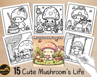Bold and Easy Coloring Book, Cute Cozy Mushroom's Life Coloring Pages, Kawaii Mushroom Coloring Art, Relaxing Activity for Adults and Kids