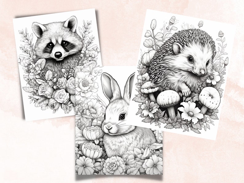 26 Baby Woodland Animals Coloring Book, Printable Little Forest Animals Coloring Pages, Grayscale Coloring Book for Adult Kids, Cute Animals image 7