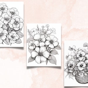 45 Violet Flowers Coloring Book, Printable PDF, Botanical Floral Plant Coloring Pages, Fantasy Grayscale Coloring Book for Adults and Kids