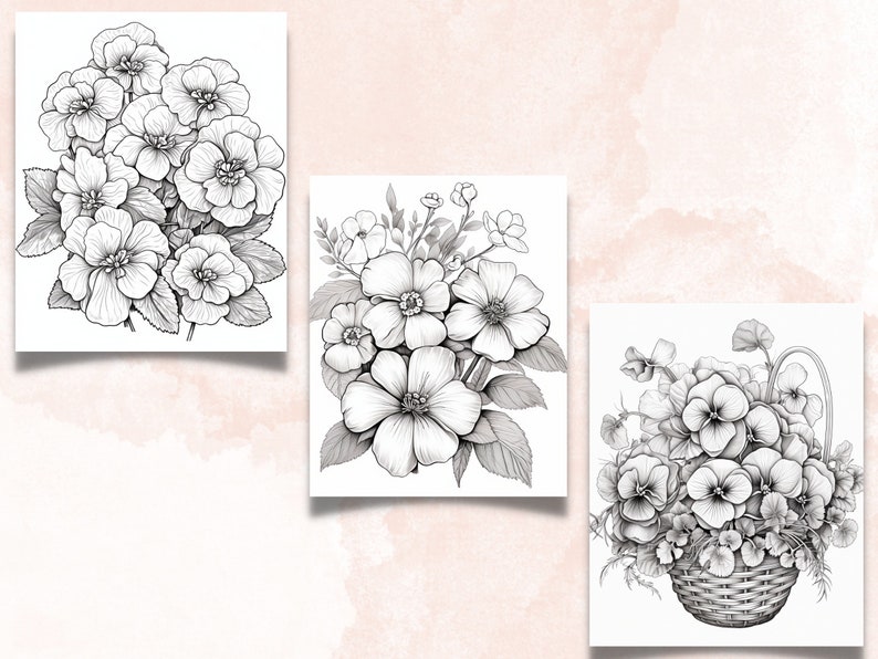 45 Violet Flowers Coloring Book, Printable PDF, Botanical Floral Plant Coloring Pages, Fantasy Grayscale Coloring Book for Adults and Kids