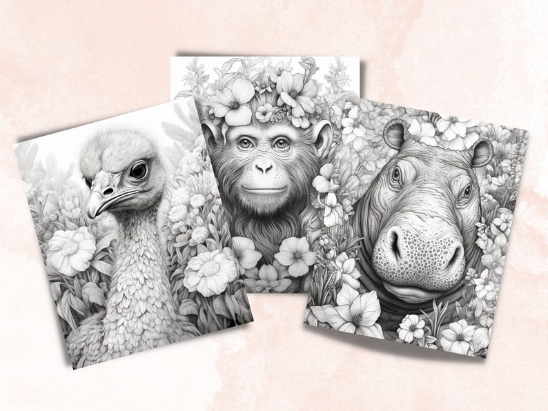 May include: Three black and white illustrations of animals surrounded by flowers. The first image shows an ostrich chick, the second image shows a monkey wearing a flower crown, and the third image shows a hippopotamus.