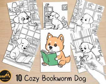 May include: A set of 10 coloring pages featuring dogs reading books in cozy settings. Each page includes a different dog breed and a variety of book-themed details.
