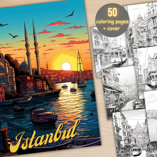 50 Istanbul City Coloring Book, Printable PDF, Cafe Scenes Coloring Pages, Street Landscape Grayscale Coloring Book for Adults and Kids