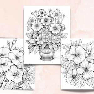 45 Violet Flowers Coloring Book, Printable PDF, Botanical Floral Plant Coloring Pages, Fantasy Grayscale Coloring Book for Adults and Kids