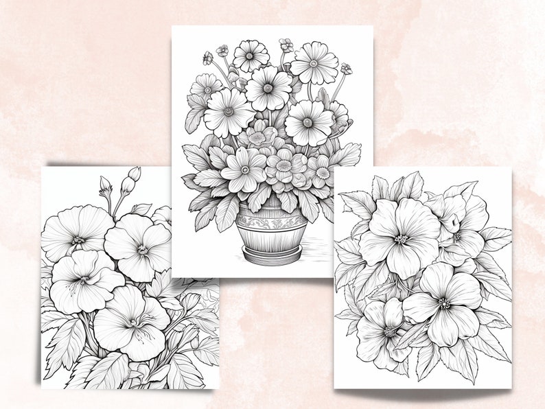 45 Violet Flowers Coloring Book, Printable PDF, Botanical Floral Plant Coloring Pages, Fantasy Grayscale Coloring Book for Adults and Kids