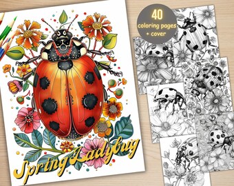 40 Spring Ladybugs Coloring Book, Printable Floral Ladybirds Coloring Pages, Grayscale Spring Flowers Insect Coloring Book for Adults Kids