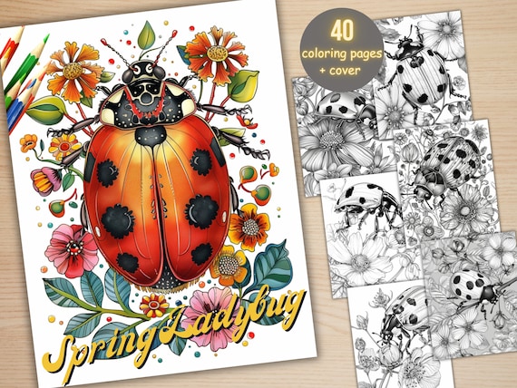 40 Spring Ladybugs Coloring Book, Printable Floral Ladybirds Coloring Pages, Grayscale Spring Flowers Insect Coloring Book for Adults Kids