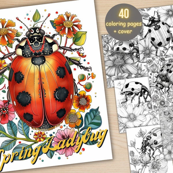 40 Spring Ladybugs Coloring Book, Printable Floral Ladybirds Coloring Pages, Grayscale Spring Flowers Insect Coloring Book for Adults Kids