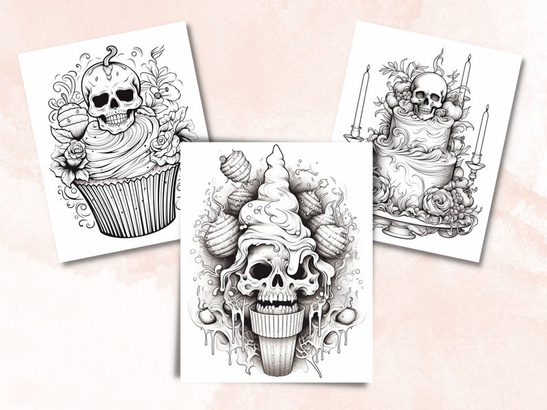 50 Halloween Treats Coloring Book, Printable Pumpkin Dessert and Drink Coloring Pages, Grayscale Halloween Sweets Coloring Book for Adults