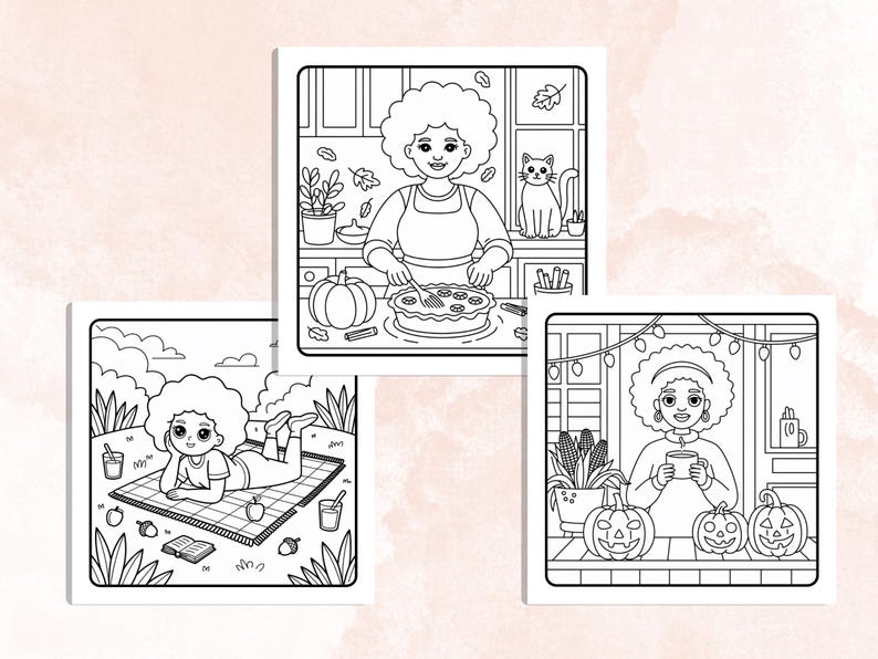 Fall Black Girl Coloring Pages, Cozy Autumn Black Afro Girls Coloring, Bold and Easy Coloring Book, Relaxing Activity for Adults and Kids