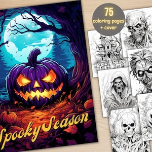 75 Spooky Season Bundle Coloring Book, Printable Horror Creepy Pumpkin Witch Coloring Pages, Grayscale Halloween Coloring Book for Adults