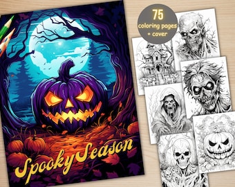 75 Spooky Season Bundle Coloring Book, Printable Horror Creepy Pumpkin Witch Coloring Pages, Grayscale Halloween Coloring Book for Adults