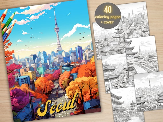 40 Seoul City Coloring Book, Printable PDF, Korean Cafe Scenes Coloring Pages, Street Landscape Grayscale Coloring Book for Adults and Kids