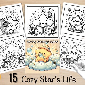 May include: A set of 15 coloring pages featuring a cute star character in different scenarios, including playing music, reading a book, blowing bubbles, and having a picnic. The title "Cute Star's Life" is displayed at the top of the page.