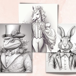 65 Victorian Animals Coloring Book, Printable Fairytale Animal Coloring Pages, Grayscale Cute Victorian Coloring Book for Adults and Kids