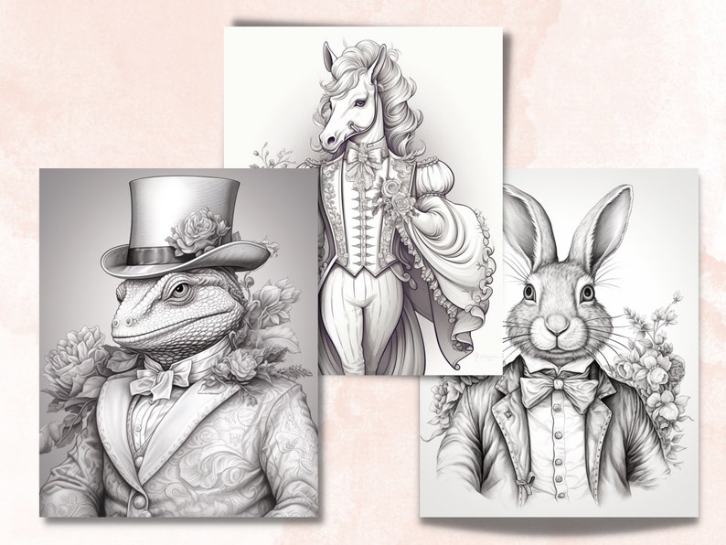 65 Victorian Animals Coloring Book, Printable Fairytale Animal Coloring Pages, Grayscale Cute Victorian Coloring Book for Adults and Kids