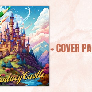 Puede incluir: Una ilustraci&oacute;n colorida de un castillo de fantas&iacute;a en una colina con un r&iacute;o que fluye frente a &eacute;l. El castillo tiene torres azules y marrones y est&aacute; rodeado de &aacute;rboles y monta&ntilde;as. El texto "Fantasy Castle" est&aacute; escrito en una fuente estilizada en la parte inferior de la imagen.