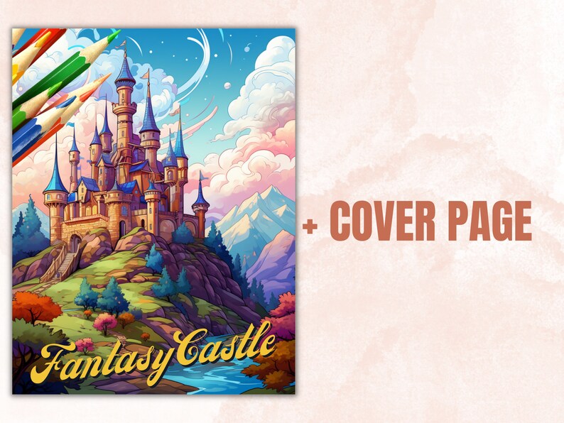 Puede incluir: Una ilustraci&oacute;n colorida de un castillo de fantas&iacute;a en una colina con un r&iacute;o que fluye frente a &eacute;l. El castillo tiene torres azules y marrones y est&aacute; rodeado de &aacute;rboles y monta&ntilde;as. El texto "Fantasy Castle" est&aacute; escrito en una fuente estilizada en la parte inferior de la imagen.