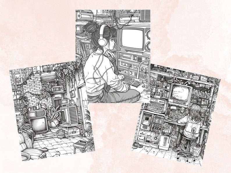 45 Nostalgia 90's Aesthetic Coloring Book, Printable PDF, Nostalgia Coloring Pages, Grayscale Vintage Scenes Coloring Book for Adults Kids