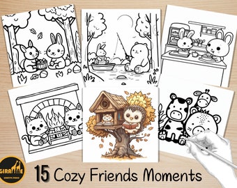 Bold and Easy Coloring Book, Cozy Friends Moments Coloring Pages, Cute Kawaii Forest Animals Coloring, Relaxing Activity for Adults and Kids