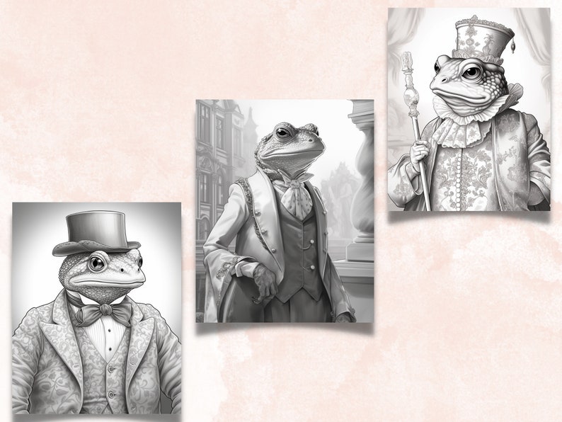 May include: Three black and white illustrations of toads wearing formal attire. The toads are wearing top hats, bow ties, and vests. One toad is holding a scepter.