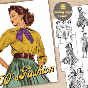 50 年代のファッション スタイルの塗り絵、印刷可能な PDF、ヴィンテージ ファッションの女性の塗り絵、大人と子供向けのグレースケールのレトロな塗り絵