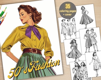 Peut inclure: Une couverture de livre de coloriage représentant une femme portant une chemise jaune avec un nœud papillon violet, une ceinture marron et une jupe verte. Le texte "50's Fashion" est écrit en lettres jaunes en cursive. La couverture comprend un titre qui dit "35 pages à colorier + couverture".