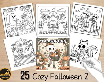 May include: A collection of 25 Cozy Falloween 2 coloring pages. The images feature Halloween-themed illustrations, including witches, ghosts, scarecrows, skeletons, and pumpkins. The images are black and white line drawings, perfect for coloring.