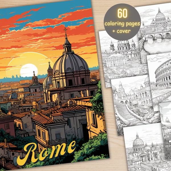 60 Rome City Coloring Book, Printable PDF, Italy Cafe Scenes Coloring Pages, Street Landscape Grayscale Coloring Book for Adults and Kids