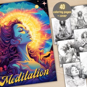 40 Meditation Coloring Book, Printable Minfulness Coloring Pages, Magical Grayscale Coloring Book for Adults and Kids, Spirituality Coloring