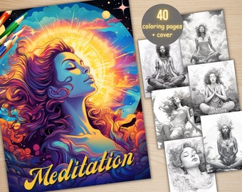 May include: A coloring book cover featuring a woman with long, flowing hair, surrounded by a colorful, swirling design. The title "Meditation" is written in a stylized font at the bottom of the cover. The book includes 40 coloring pages and a cover.