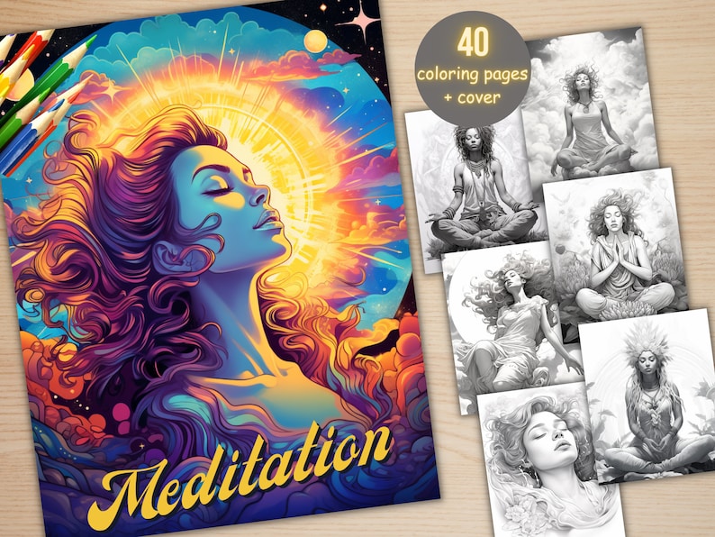 May include: A coloring book cover featuring a woman with long, flowing hair, surrounded by a colorful, swirling design. The title "Meditation" is written in a stylized font at the bottom of the cover. The book includes 40 coloring pages and a cover.