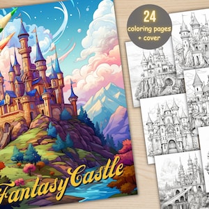 24 Fantasy Castle Coloring Book, Printable PDF, Fairytale Landscape Coloring Pages, Medieval Castles Grayscale Coloring Book for Adults